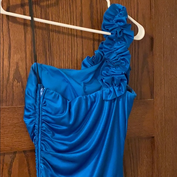 One Shoulder Electric Blue Long Prom Dress - Picture 3 of 6
